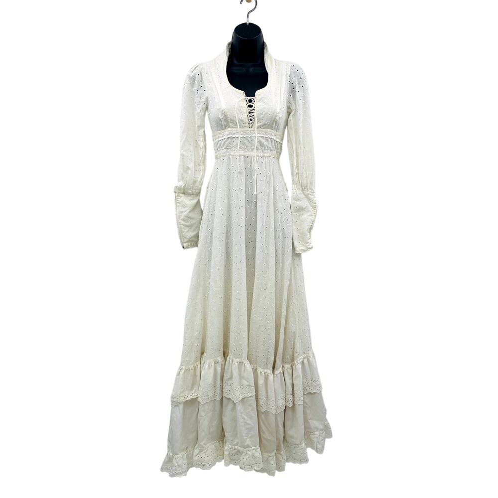 Gunne Sax Vintage Eyelet Prarie Lace Up Long Sleeve Dress - Picture 1 of 5